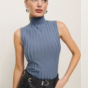 Reformation Blue Ribbed Sleeveless Turtleneck Top